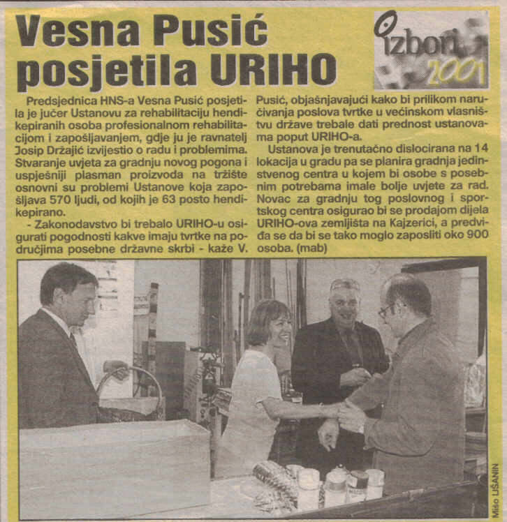 Veernji list 16.5.2001., Vesna Pusi posjetila URIHO
